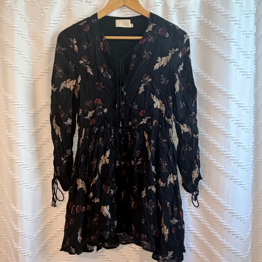 TJD Womens Black Floral Paisley Lace Up Mini Dress Long Sleeve XS J10161051